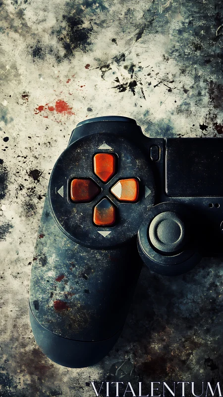 Battleworn gamepad dreaming in rusted concrete storms.