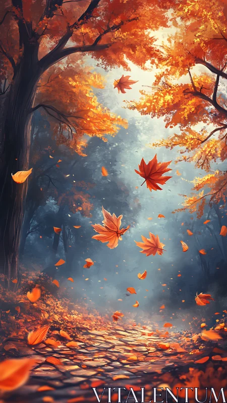 Crimson leaves waltz down a misty forest cobblestone path