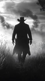 Lone dusk gunslinger striding into a stormlit prairie horizon.