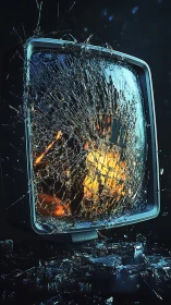 Shattered retro television screen with glowing interior flame.