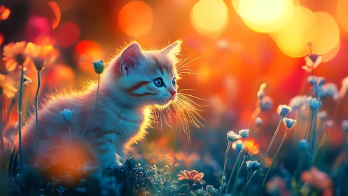 Kitten Explores Glowing Flower Field at Golden Hour