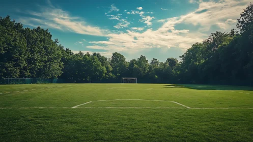 Sunny empty soccer field framed by dense green trees.