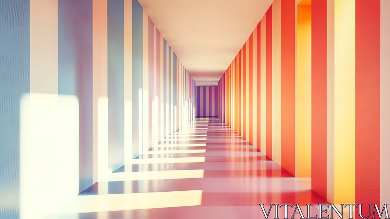 Striped corridor with receding perspective and reflected light.