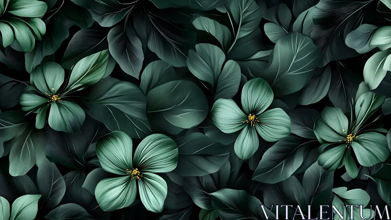 Repeating teal floral elements form dense layered foliage field