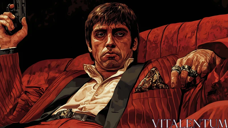 Man in red suit holding handgun in stylized portrait