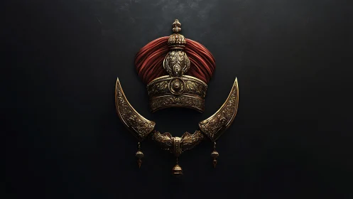 Ornate royal turban and twin curved daggers on dark background.