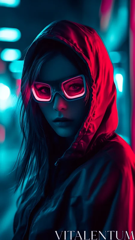 Hooded woman in neon jacket and glowing glasses at night.