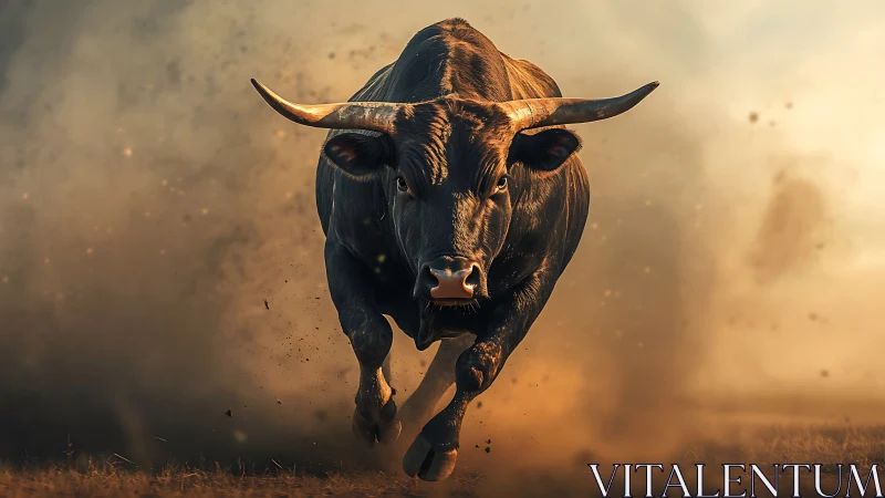 Charging bull explodes through dust in a dramatic sunset chase