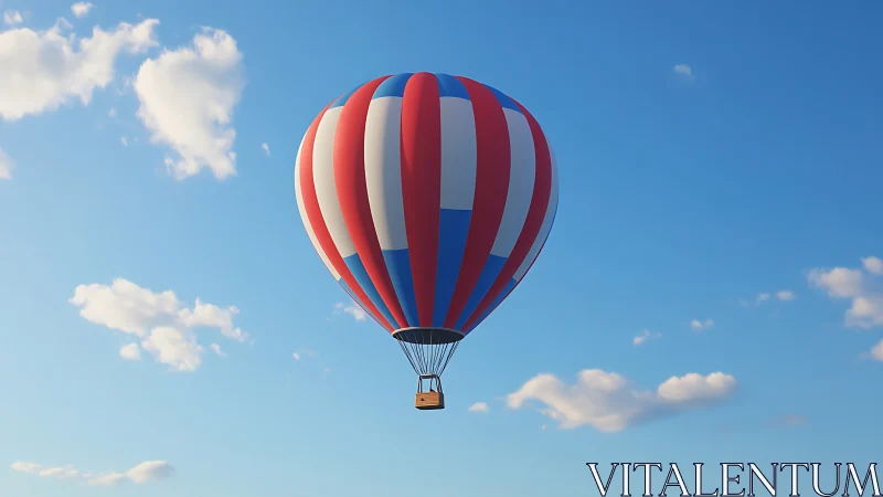 Striped hot air balloon drifts calmly through open sky.