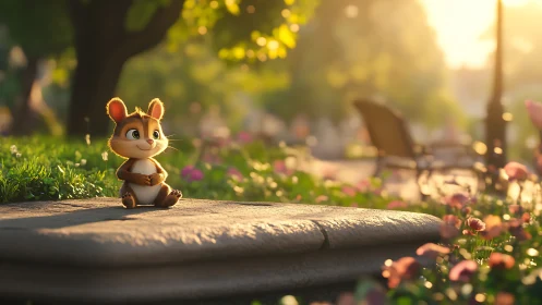 Small cartoon rodent sits on a stone ledge in soft sunlight