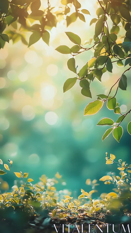 Sunlit forest leaves drift softly above a tranquil clearing