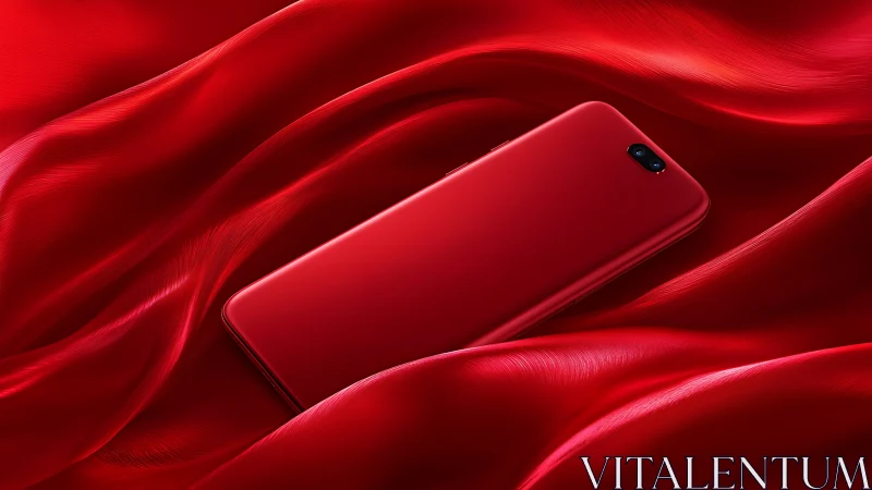 Bold red smartphone rests gracefully on flowing satin fabric