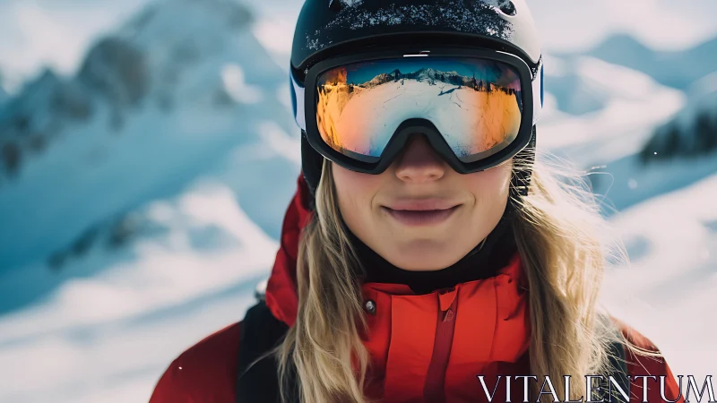 Smiling skier in goggles on bright snowy mountain slope.