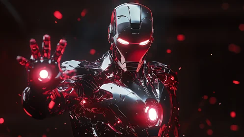 Armored cybernetic hero unleashes red energy blast in darkness.