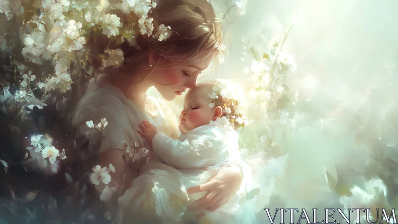 Mother and infant surrounded by luminous white blossoms in gentle light