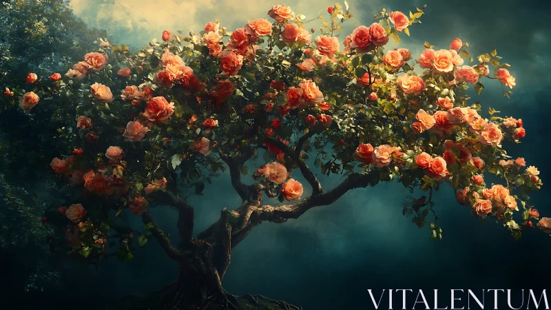 Blooming rose tree against dark teal forest backdrop.