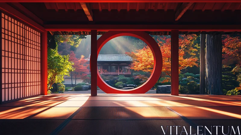 Enso portal framing autumnal Japanese courtyard illumination.