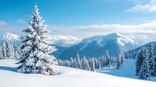 Snow-laden conifer foreground anchors high-contrast alpine depth cues