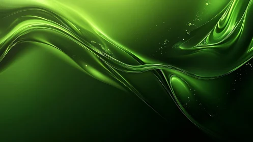Vivid Green Abstract Wave Digital Art with Glossy Fluid Texture.