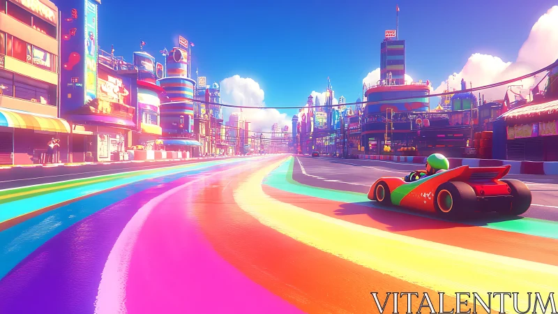 Neon city racetrack with rainbow lanes and stylized kart.
