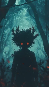 Silhouette figure with glowing eyes in dense blue forest.