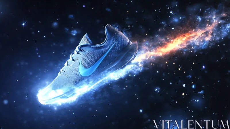 Astro-dynamic running shoe with plasma trail in stellar void.