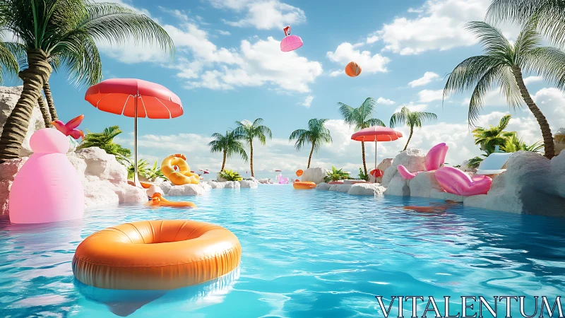 Vibrant tropical pool paradise with playful float rings.