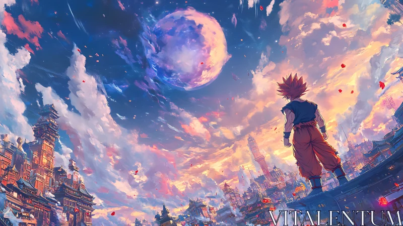 Bold anime hero greets a glowing fantasy city sky at dusk