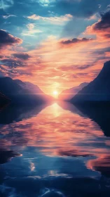 Vivid mountain lake sunset with mirrored glowing sky.