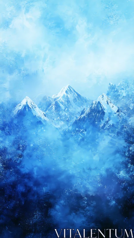 Snowcapped mountain peaks emerge through dense blue mist
