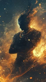 Mythic fire avatar in luminous infernal silhouette rendering.