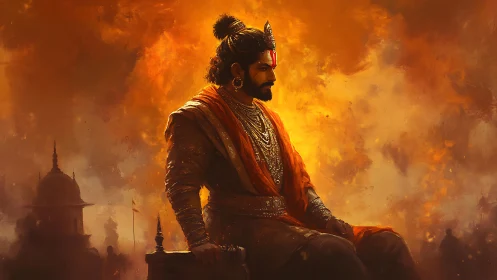 Warrior king sits in profile against intense orange sky