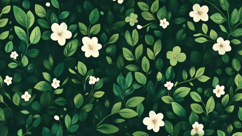 Soft white blossoms drift gently across lush green leaves