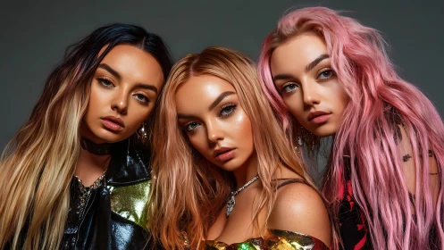 Photorealistic trio portrait with bold pastel hair styling.