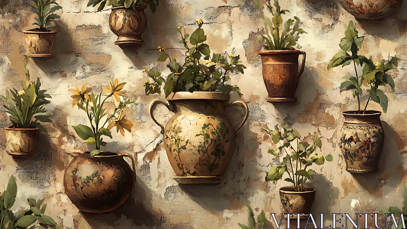 Terracotta wall planters cast warm shadows in afternoon sun.