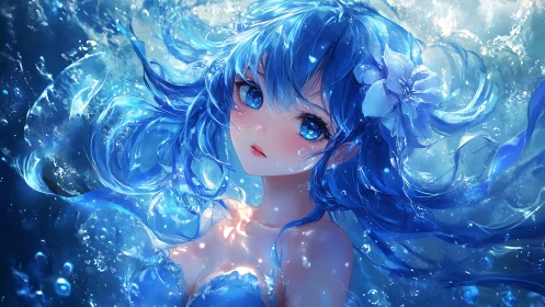 Aquatic luminescent anime girl immersed in dynamic blue fluid.
