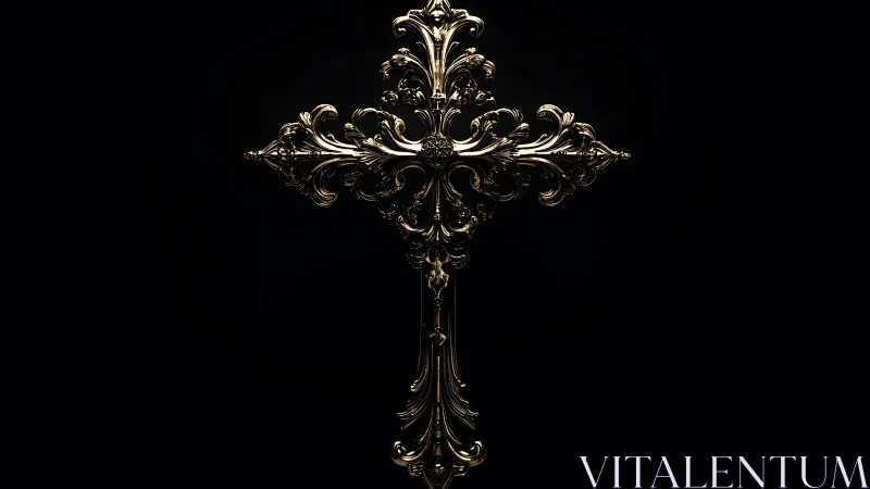Baroque gold cross on black background, ornate detail.