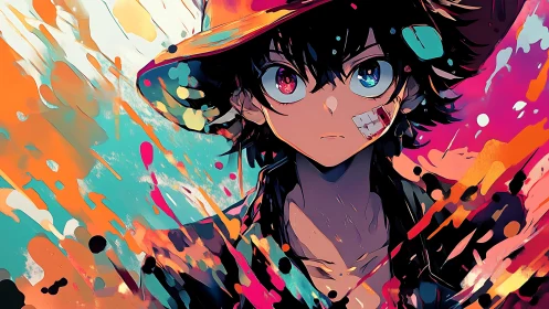 Storm-eyed street hero splashed in neon paint chaos.