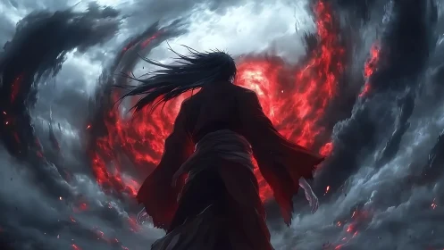 Dark mage commands swirling red vortex in storm sky