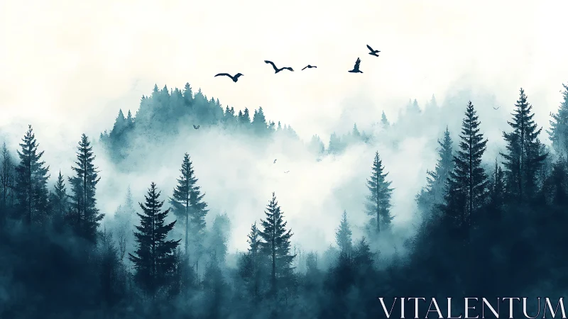 Misty Mountain Forest with Flying Birds