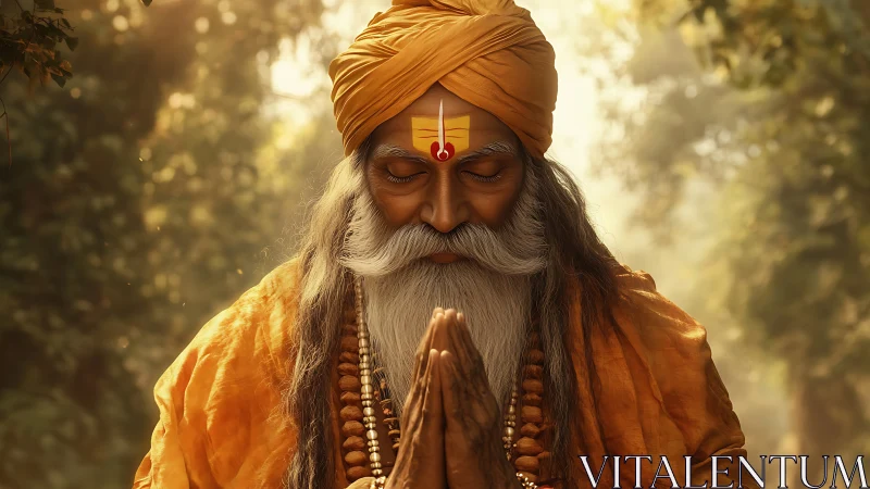 Elderly sage in orange robe stands in prayerful namaste pose