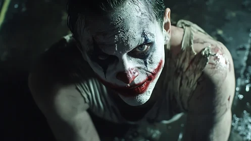 Ruin-soaked clown crouches under streetlight, grin unraveling.