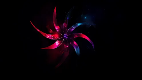 Neon swirling flower shape on dark cosmic background.