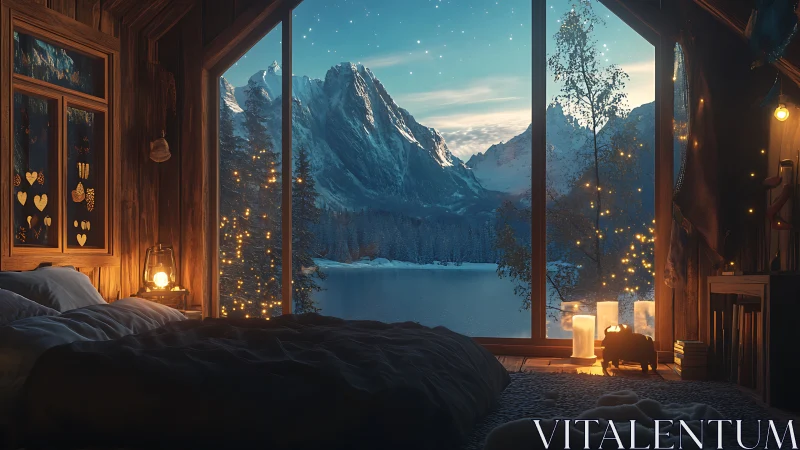 Cozy alpine cabin bedroom overlooking starlit winter lake.