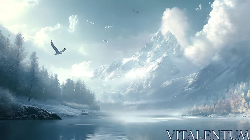 Digital painting of glacial mountain lake with soaring raptor.