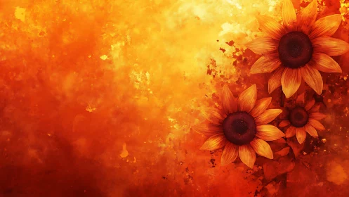 Sunflower trio on textured orange abstract background.