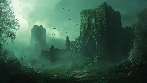 Ancient ruined abbey looms through emerald haunted fog