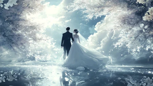 Ethereal newlyweds drifting beneath luminous blossom skies.