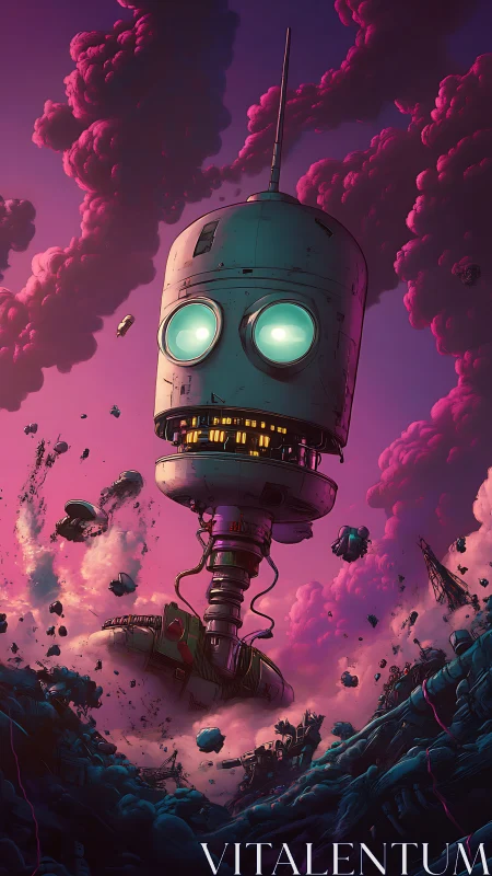 Giant cylindrical robot head levitates above fractured sci-fi terrain