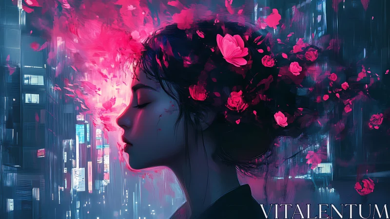 Neon city dreamscape with floral mind bloom in profile.